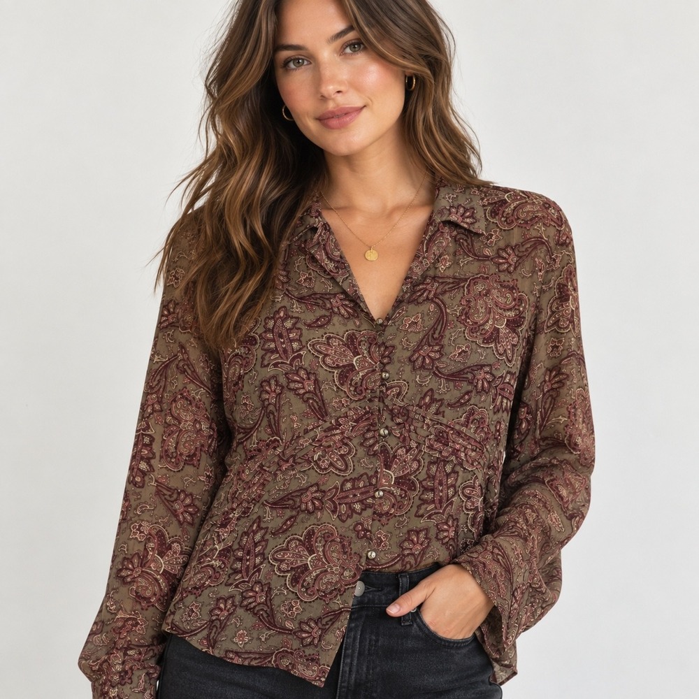 J.Jill Button Down Womens Large Brown Paisley Sheer Rayon Blouse
